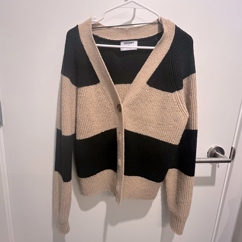 black and beige striped Old Navy button cardigan, size xs